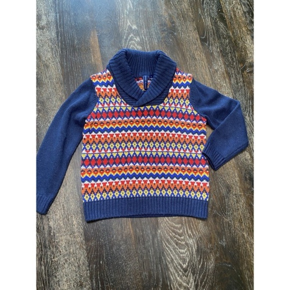 Janie And Jack Holiday Fair Isle Navy Red Stripe Shawl Collar Sweater 3T